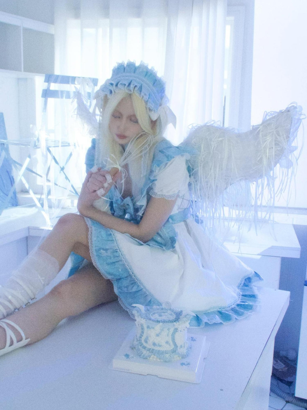 SHYSHYBITE Jacquard Dragon Angel Lolita Puff Sleeve High Waist Women's Cotton Casual Mini Dresses
