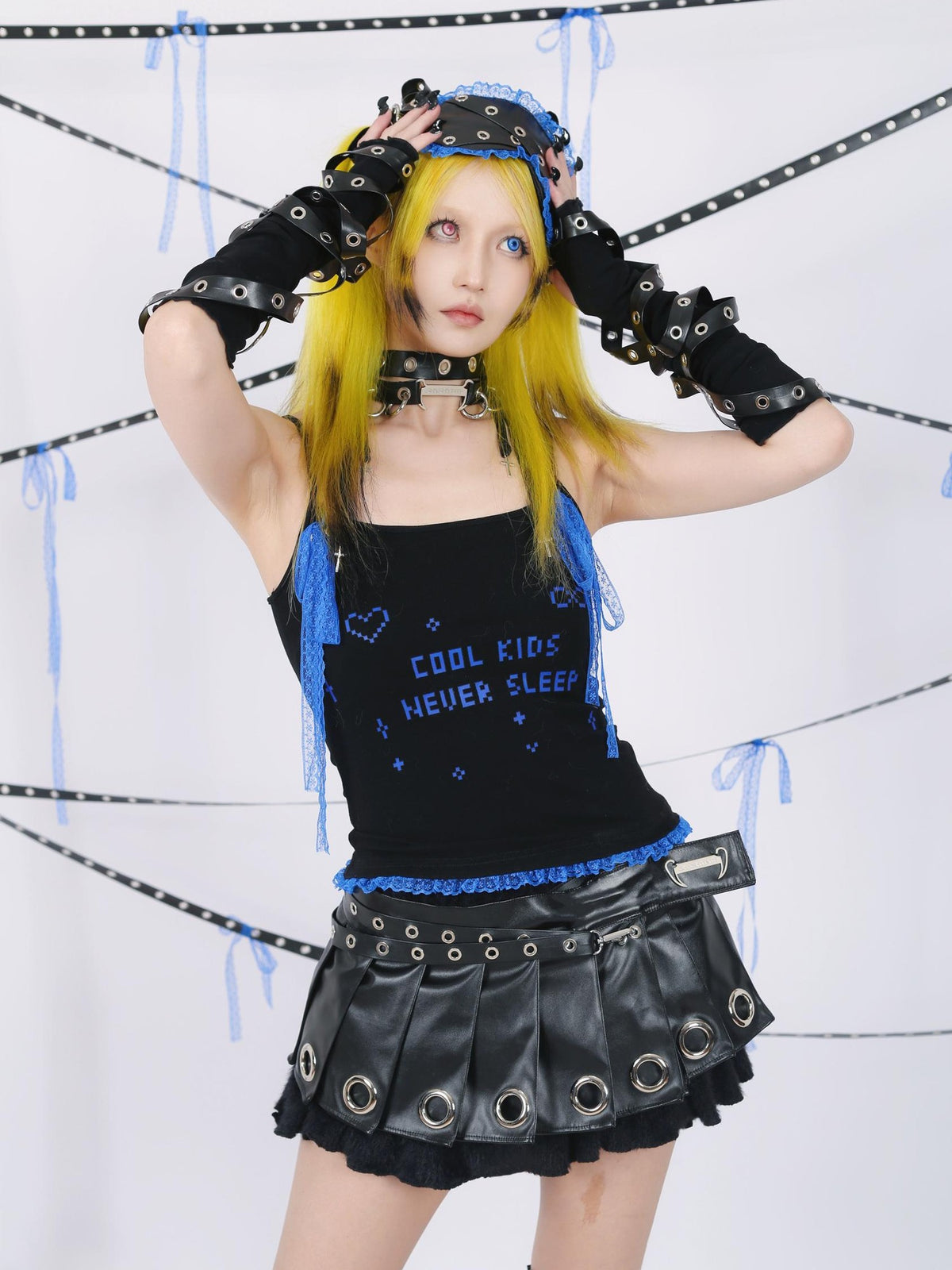 SHYSHYBITE Two Tone Lace Up Pixel Letter Print Bow Cutout Women's Cotton Blend Camisoles