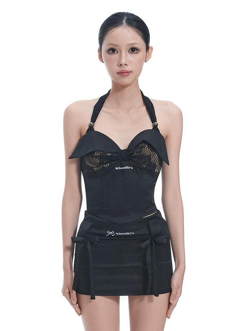 START THE ENGINE 3d Floral Print Lace Splice Zipper Slim Women's Polyester Blend Halter Tops