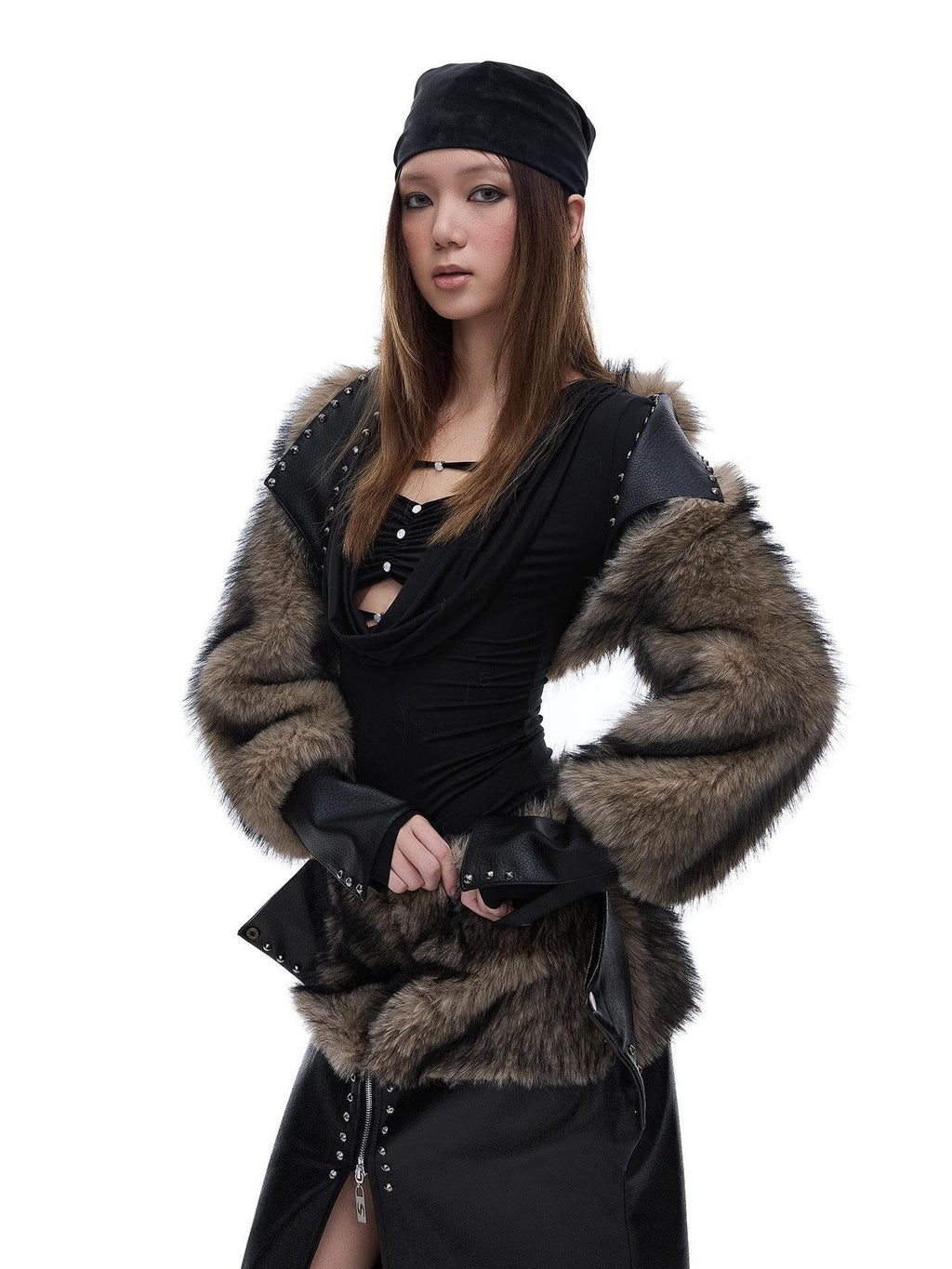 START THE ENGINE American Vintage Studded Spliced Women's Eco Faux Fur Cropped Jackets