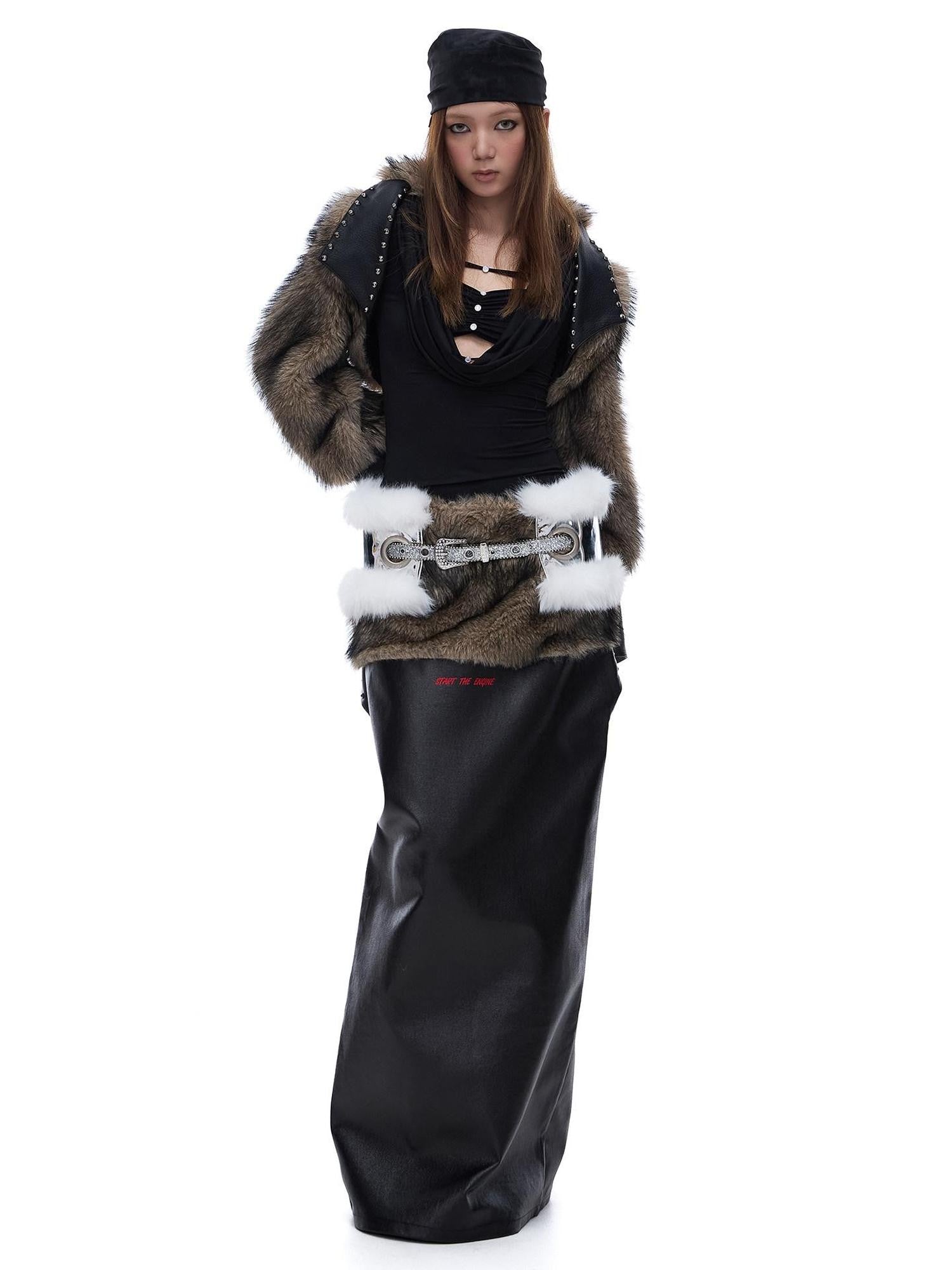 START THE ENGINE American Vintage Studded Spliced Women's Eco Faux Fur Cropped Jackets