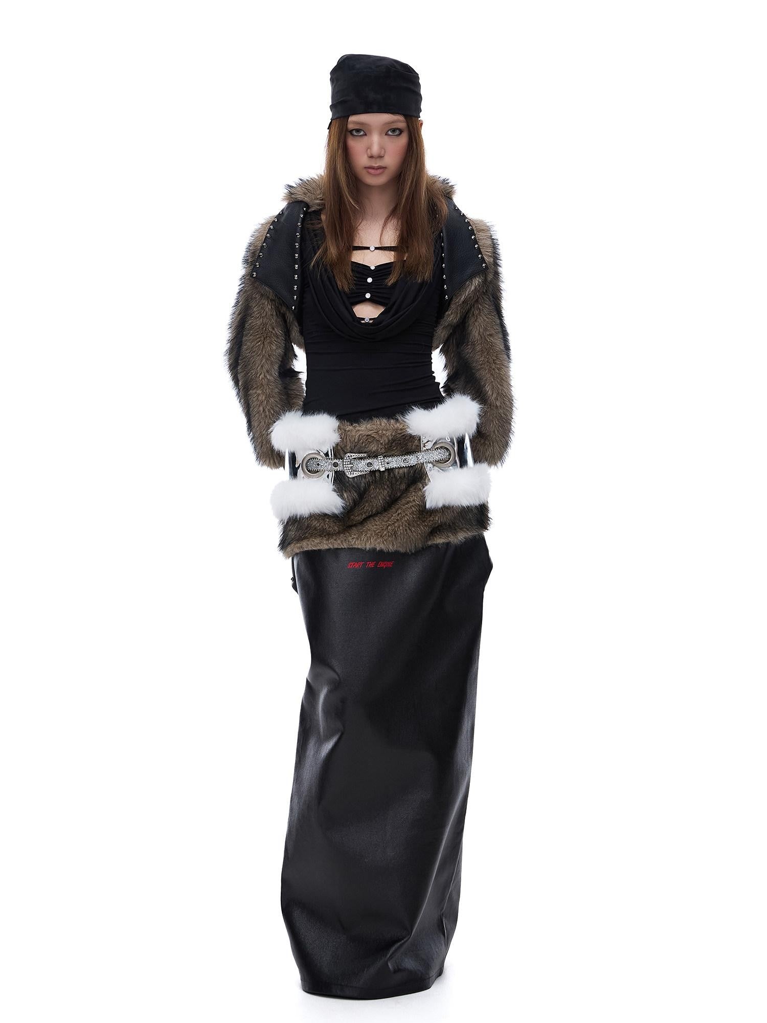 START THE ENGINE American Vintage Studded Spliced Women's Eco Faux Fur Cropped Jackets