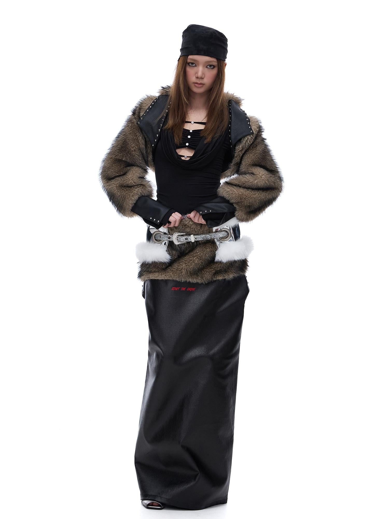 START THE ENGINE American Vintage Studded Spliced Women's Eco Faux Fur Cropped Jackets