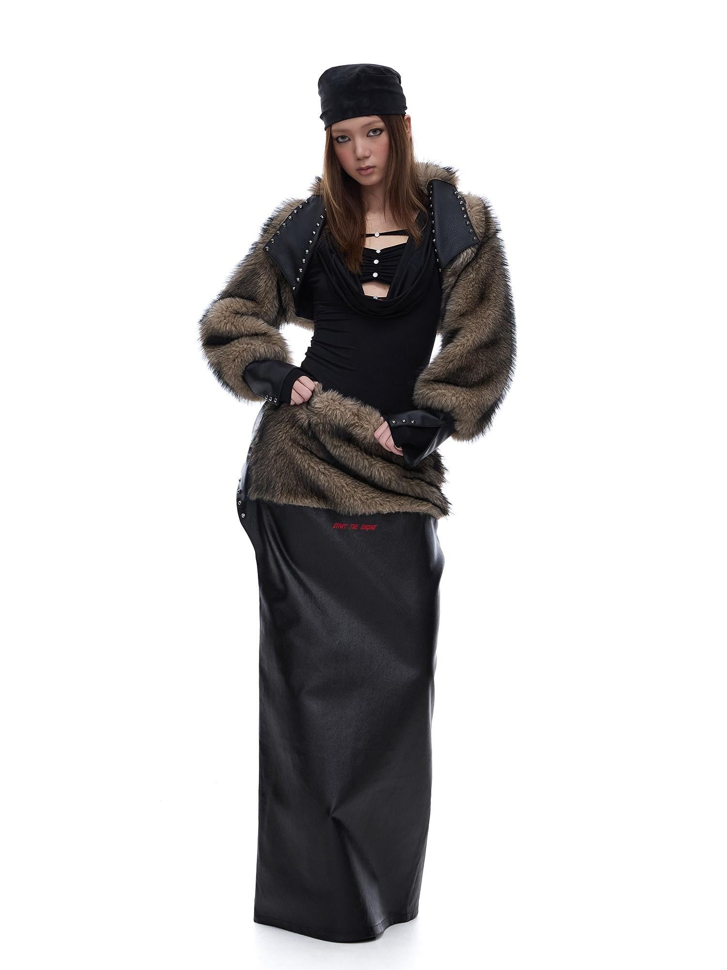 START THE ENGINE American Vintage Studded Spliced Women's Eco Faux Fur Cropped Jackets