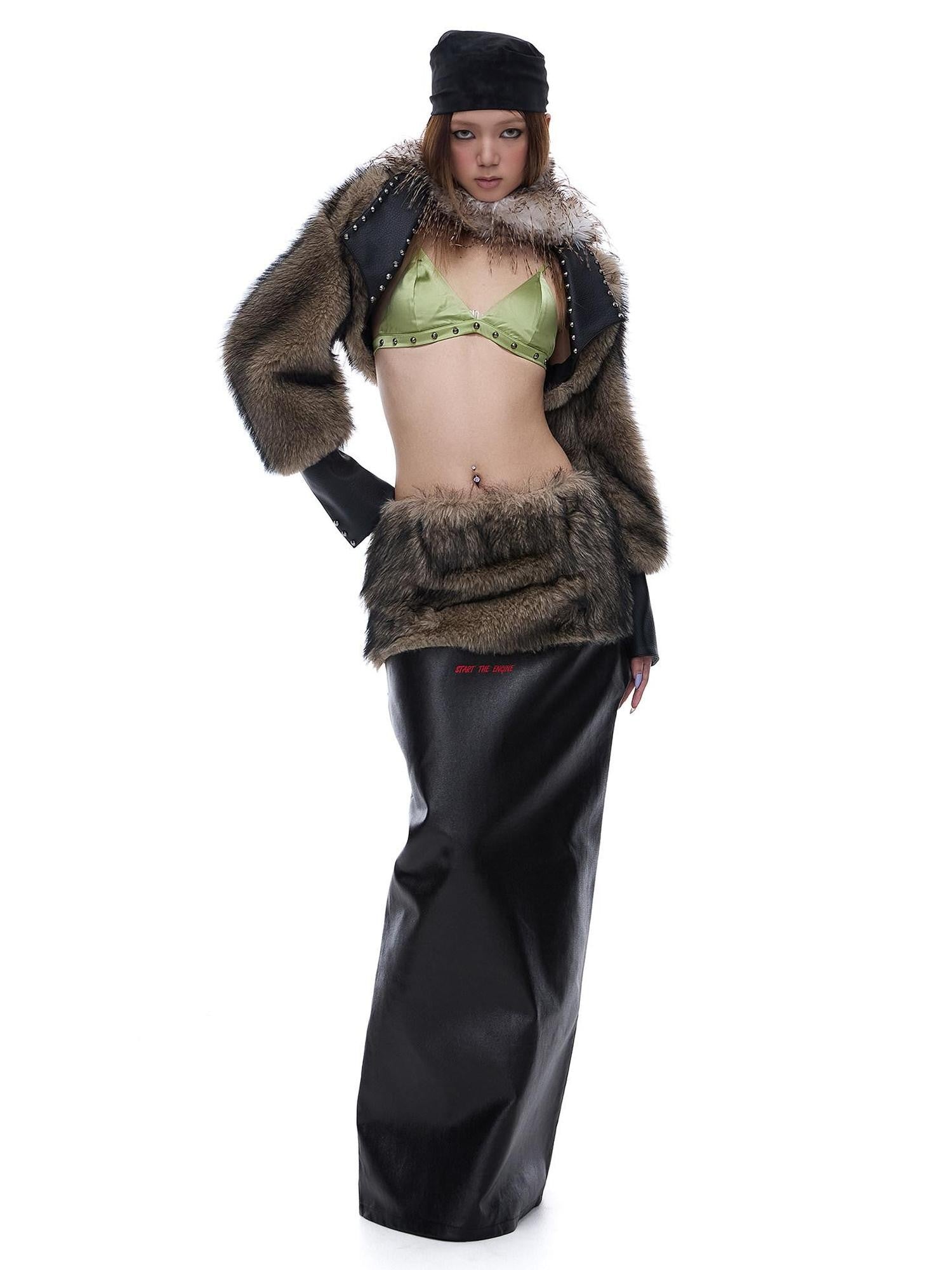 START THE ENGINE American Vintage Studded Spliced Women's Eco Faux Fur Cropped Jackets