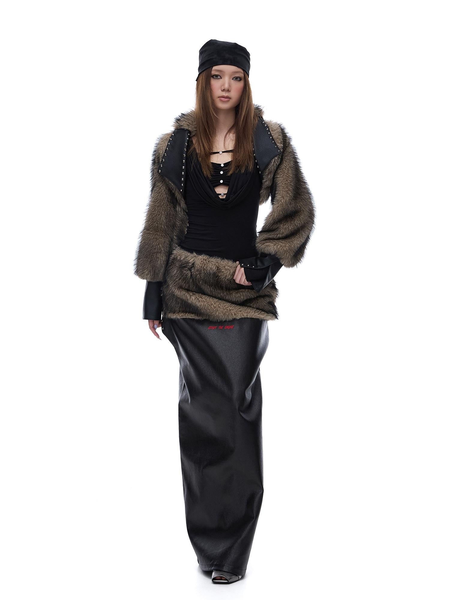 START THE ENGINE American Vintage Studded Spliced Women's Eco Faux Fur Cropped Jackets
