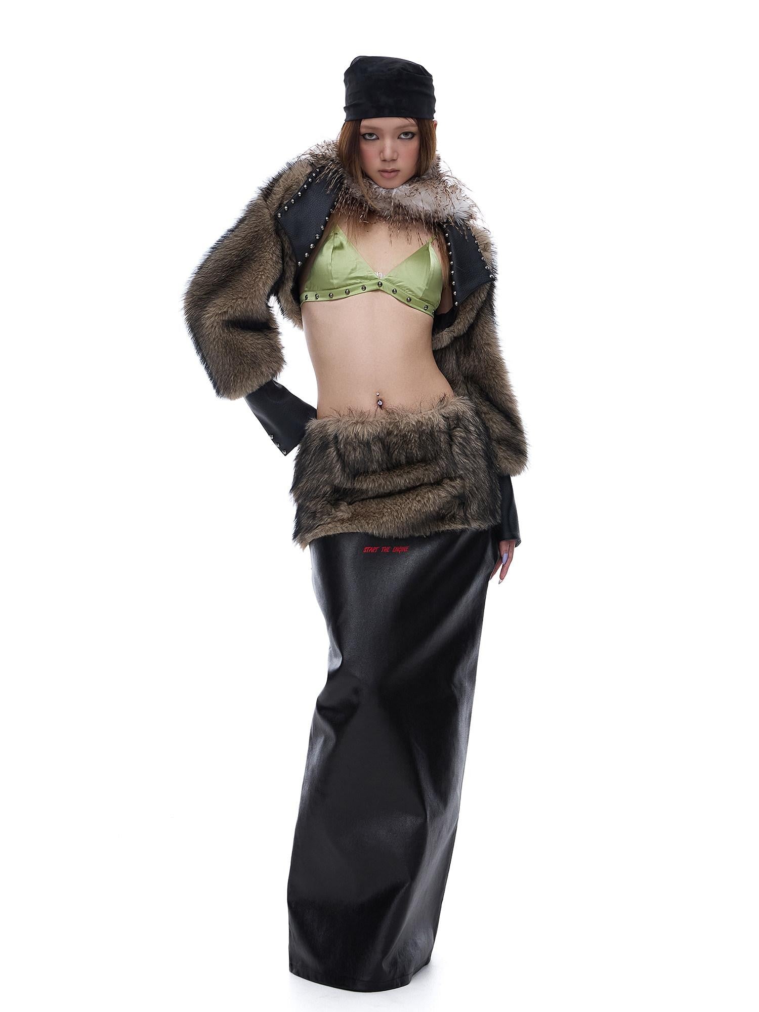 START THE ENGINE American Vintage Studded Spliced Women's Eco Faux Fur Cropped Jackets