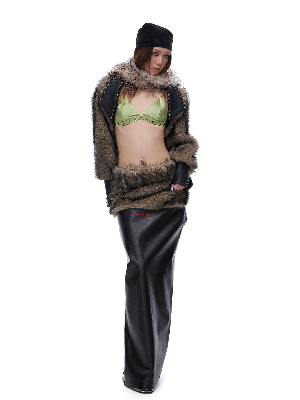 START THE ENGINE American Vintage Studded Spliced Women's Eco Faux Fur Cropped Jackets