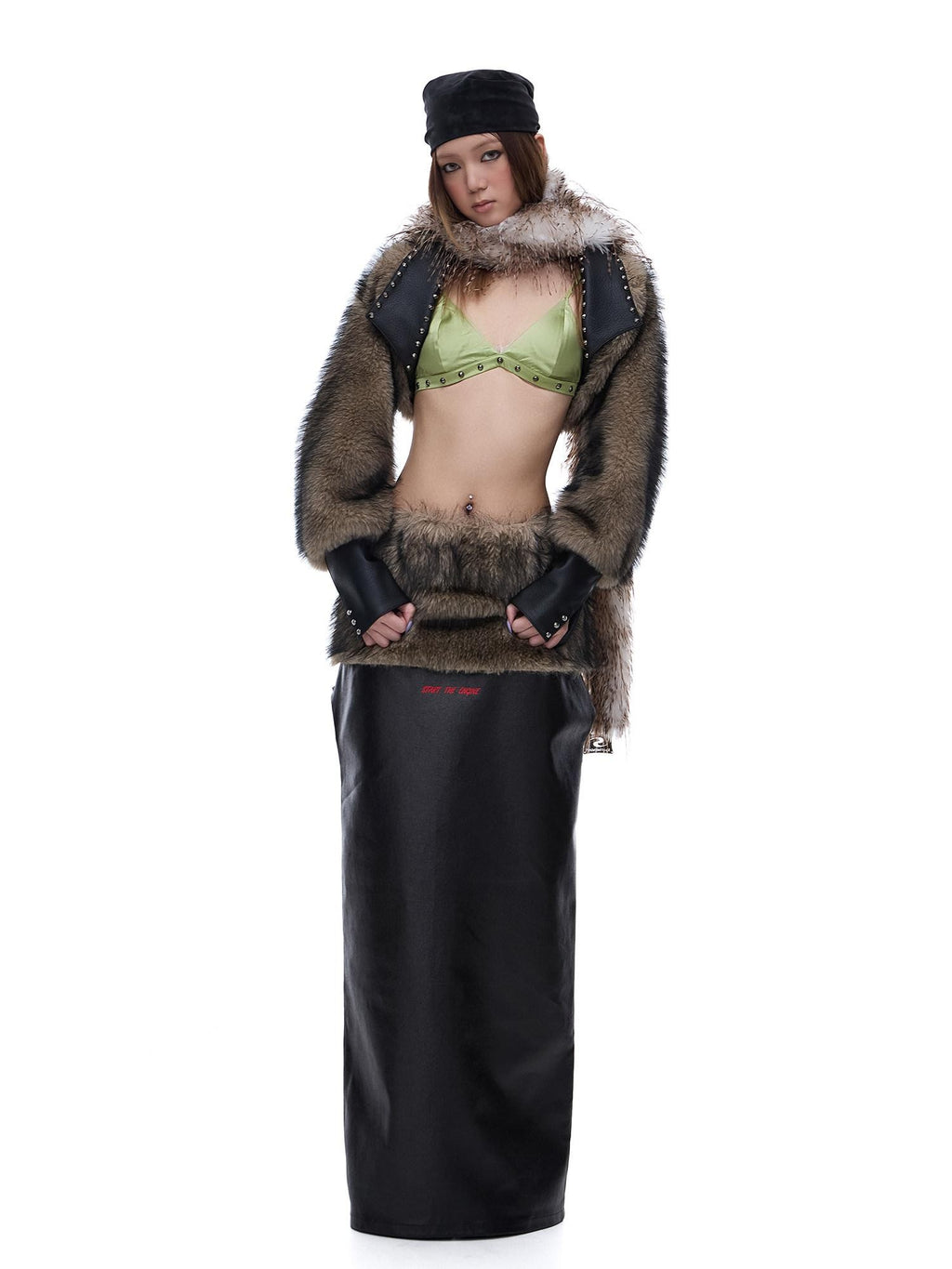 START THE ENGINE American Vintage Studded Spliced Women's Eco Faux Fur Cropped Jackets