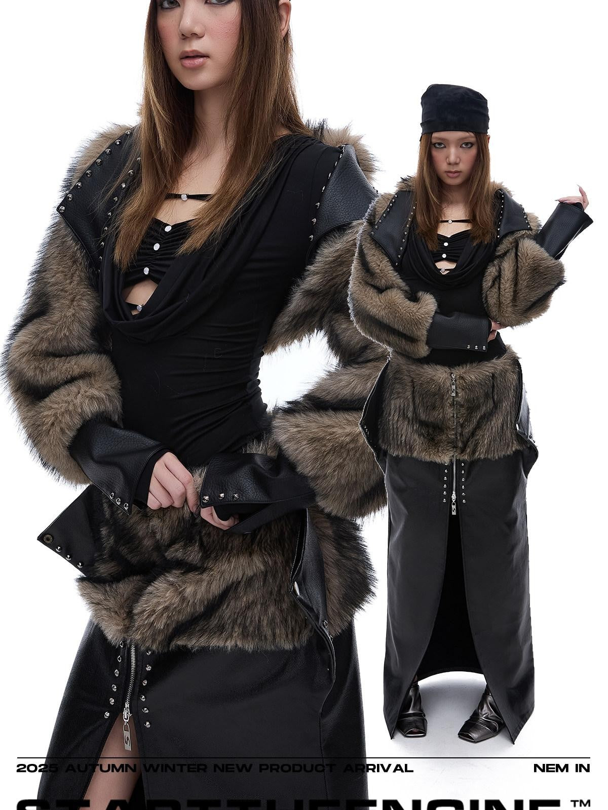 START THE ENGINE American Vintage Studded Spliced Women's Eco Faux Fur Cropped Jackets