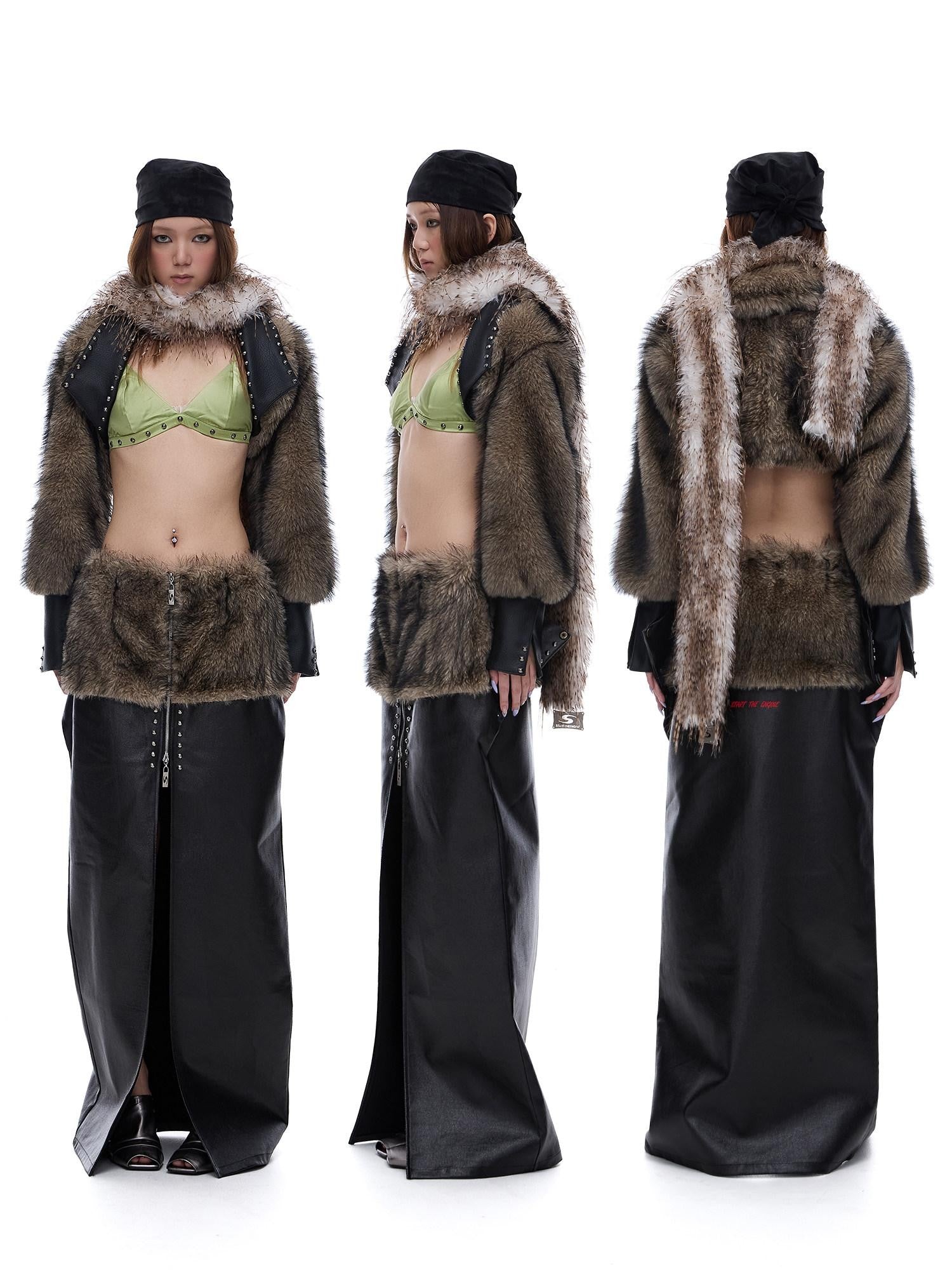 START THE ENGINE American Vintage Studded Spliced Women's Eco Faux Fur Cropped Jackets