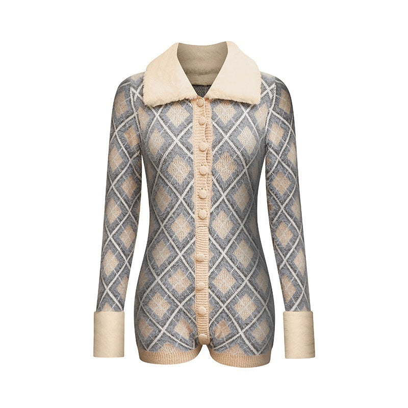 START_THE_ENGINE_Argyle_Faux_Fur_Collar_Long_Sleeve_Women's_Pu_Button-up_Cardigans_852732102057_MISSTT