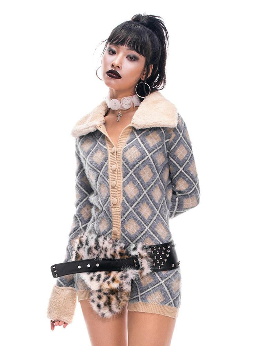 START THE ENGINE Argyle Faux Fur Collar Long Sleeve Women's Pu Button-up Cardigans