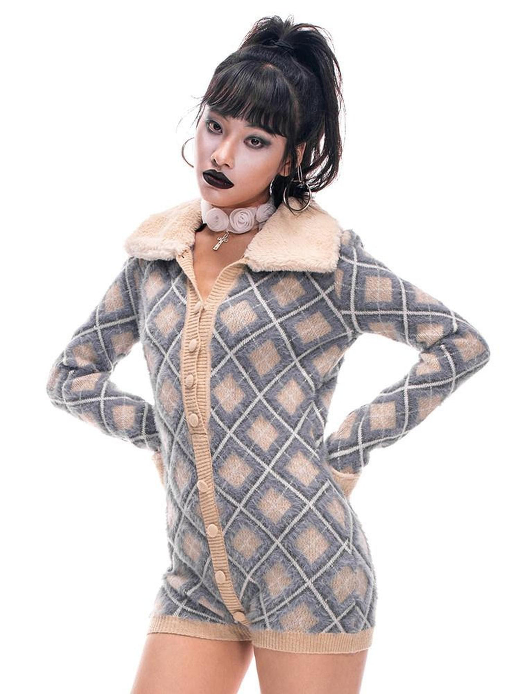 START THE ENGINE Argyle Faux Fur Collar Long Sleeve Women's Pu Button-up Cardigans