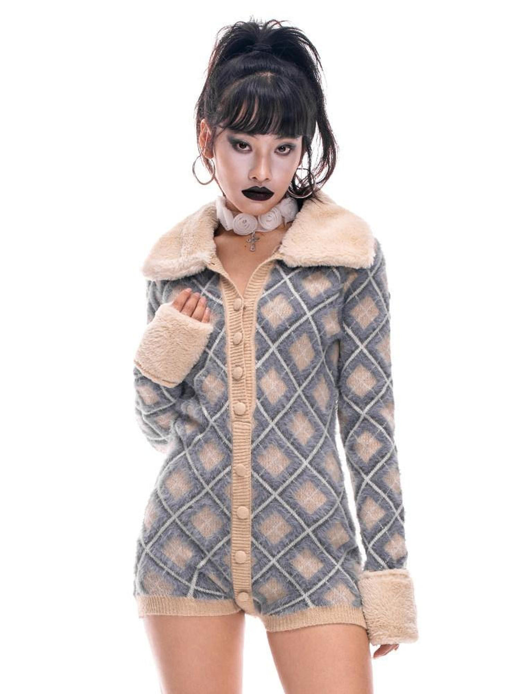 START THE ENGINE Argyle Faux Fur Collar Long Sleeve Women's Pu Button-up Cardigans