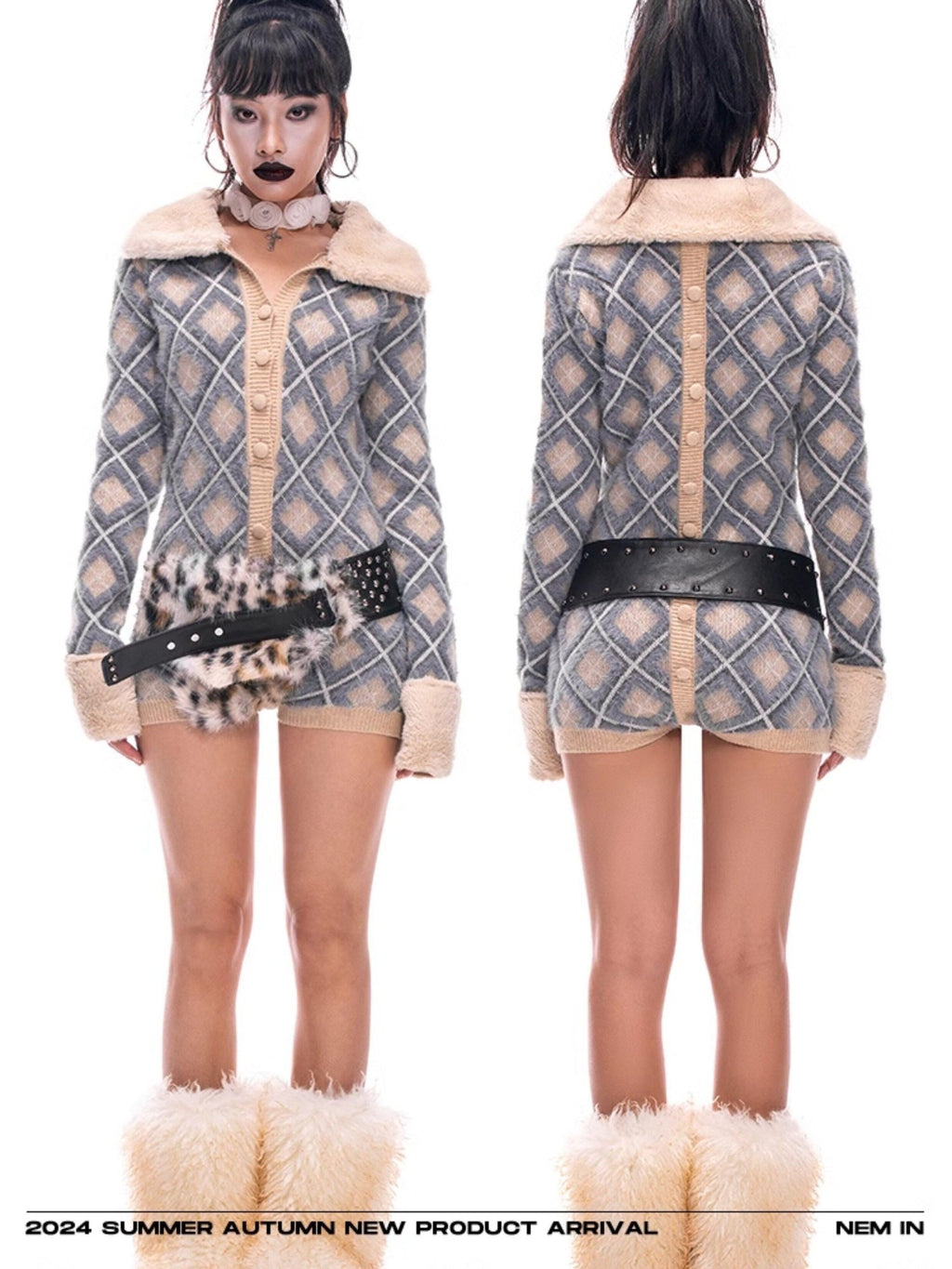 START THE ENGINE Argyle Faux Fur Collar Long Sleeve Women's Pu Button-up Cardigans