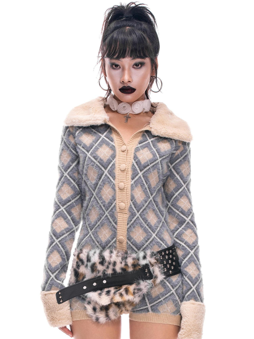 START THE ENGINE Argyle Faux Fur Collar Long Sleeve Women's Pu Button-up Cardigans