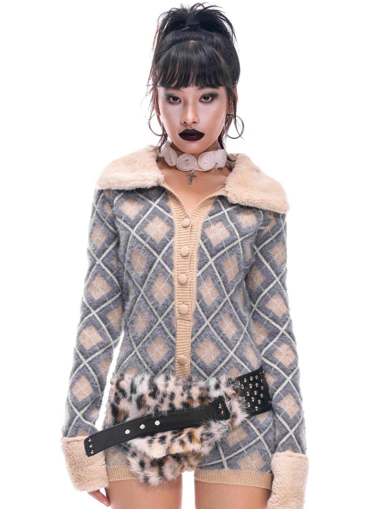 START THE ENGINE Argyle Faux Fur Collar Long Sleeve Women's Pu Button-up Cardigans