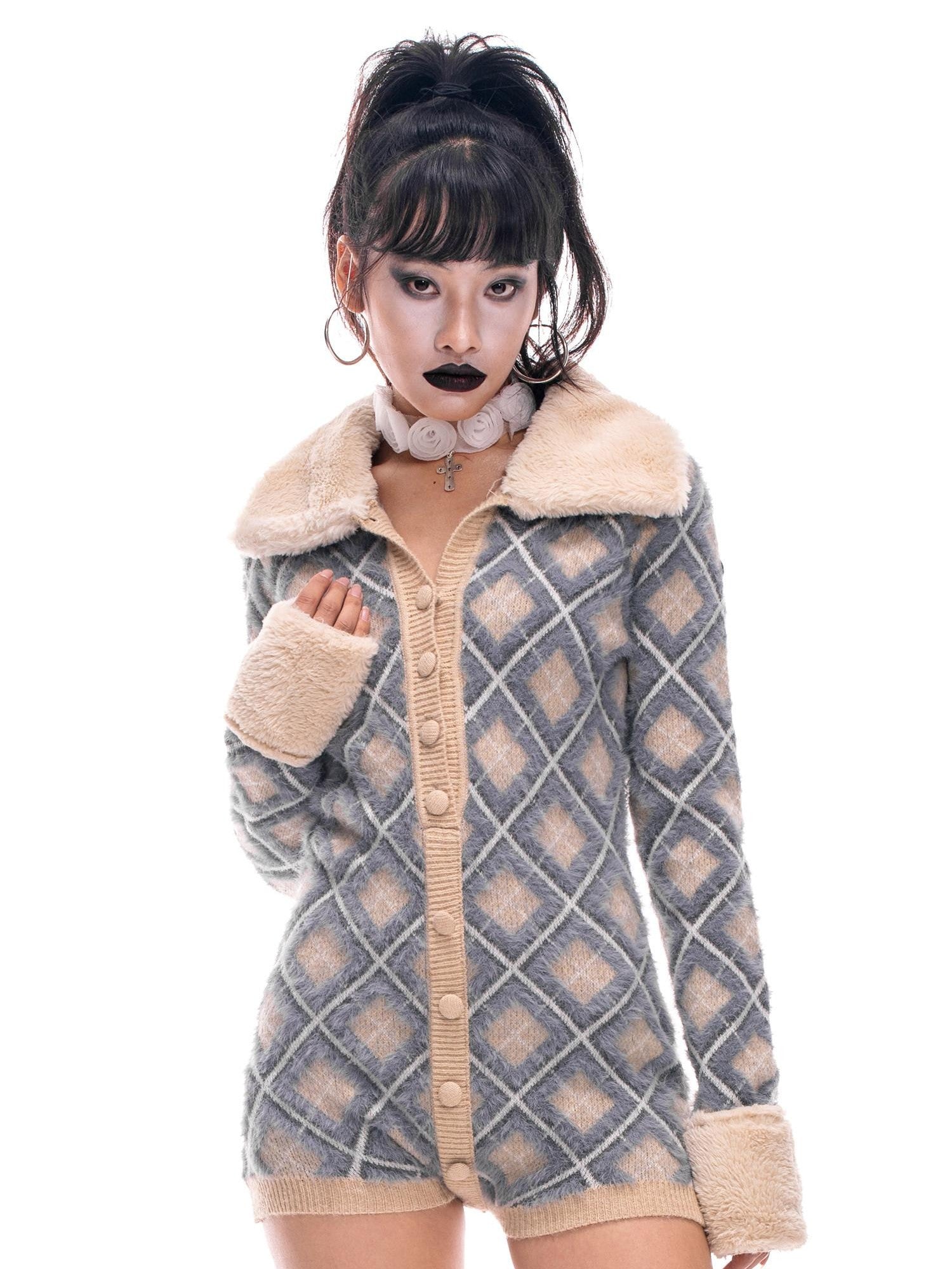 START THE ENGINE Argyle Faux Fur Collar Long Sleeve Women's Pu Button-up Cardigans