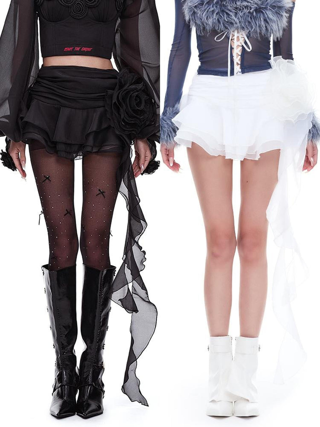 START THE ENGINE Asymmetric Ruffled Mesh Low Waist Women's Polyester Mini Skirts
