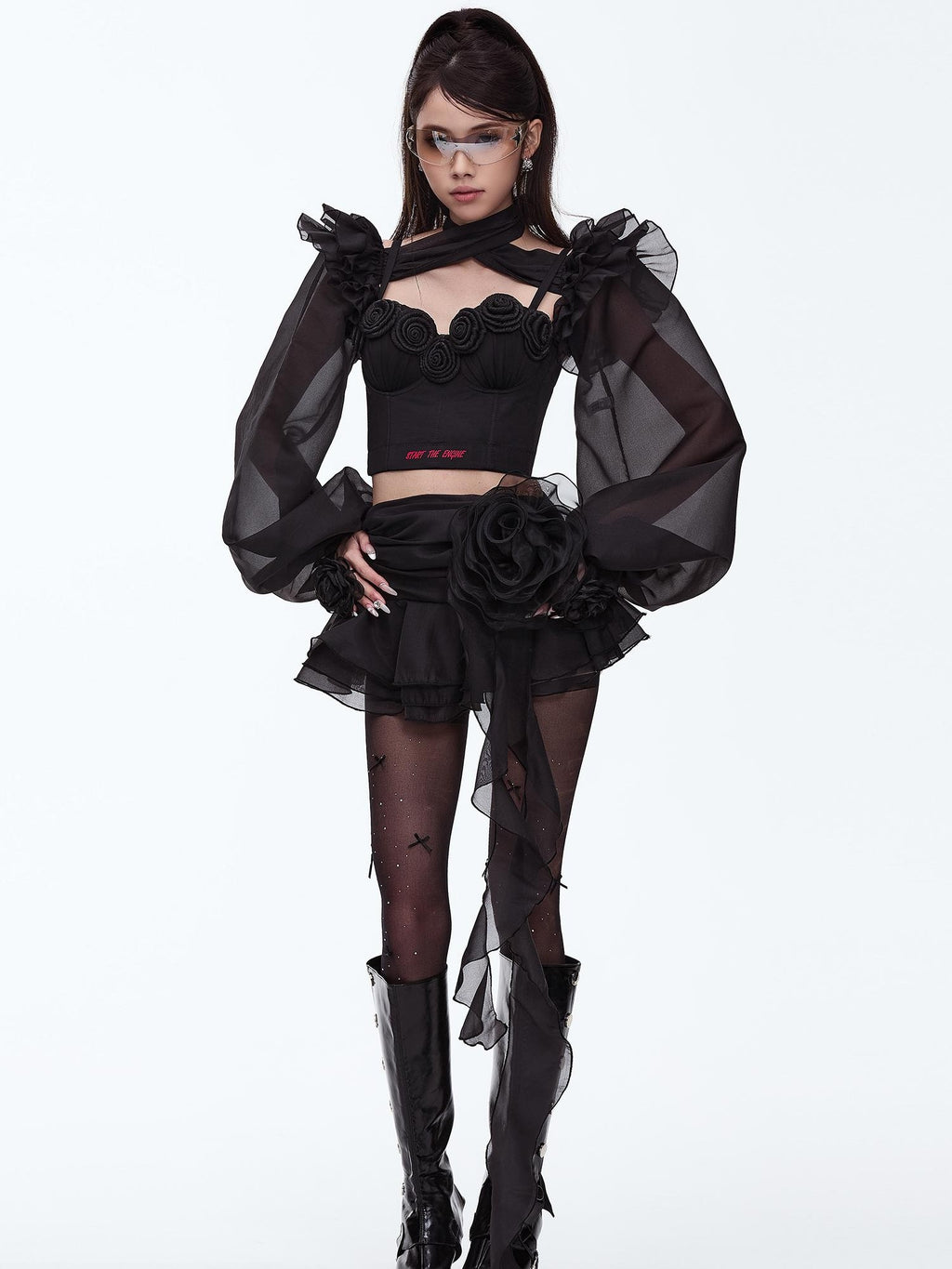START THE ENGINE Asymmetric Ruffled Mesh Low Waist Women's Polyester Mini Skirts