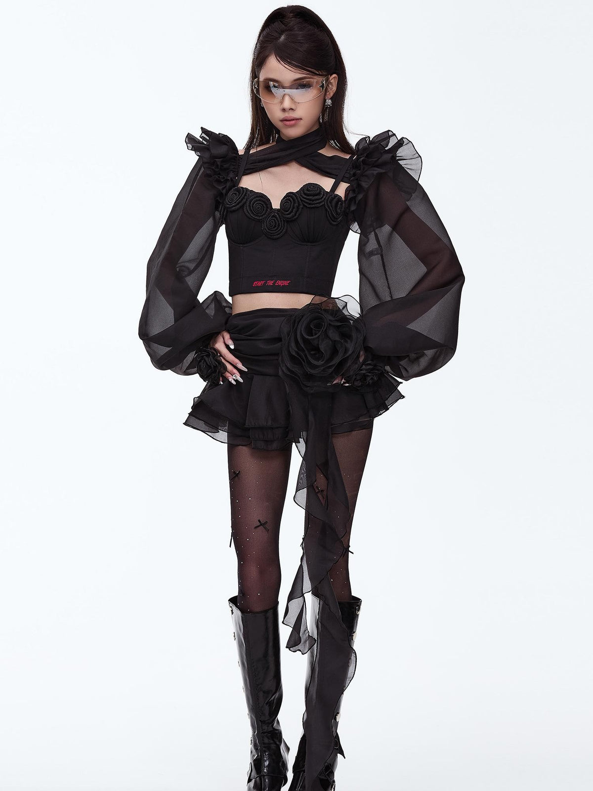 START THE ENGINE Asymmetric Ruffled Mesh Low Waist Women's Polyester Mini Skirts