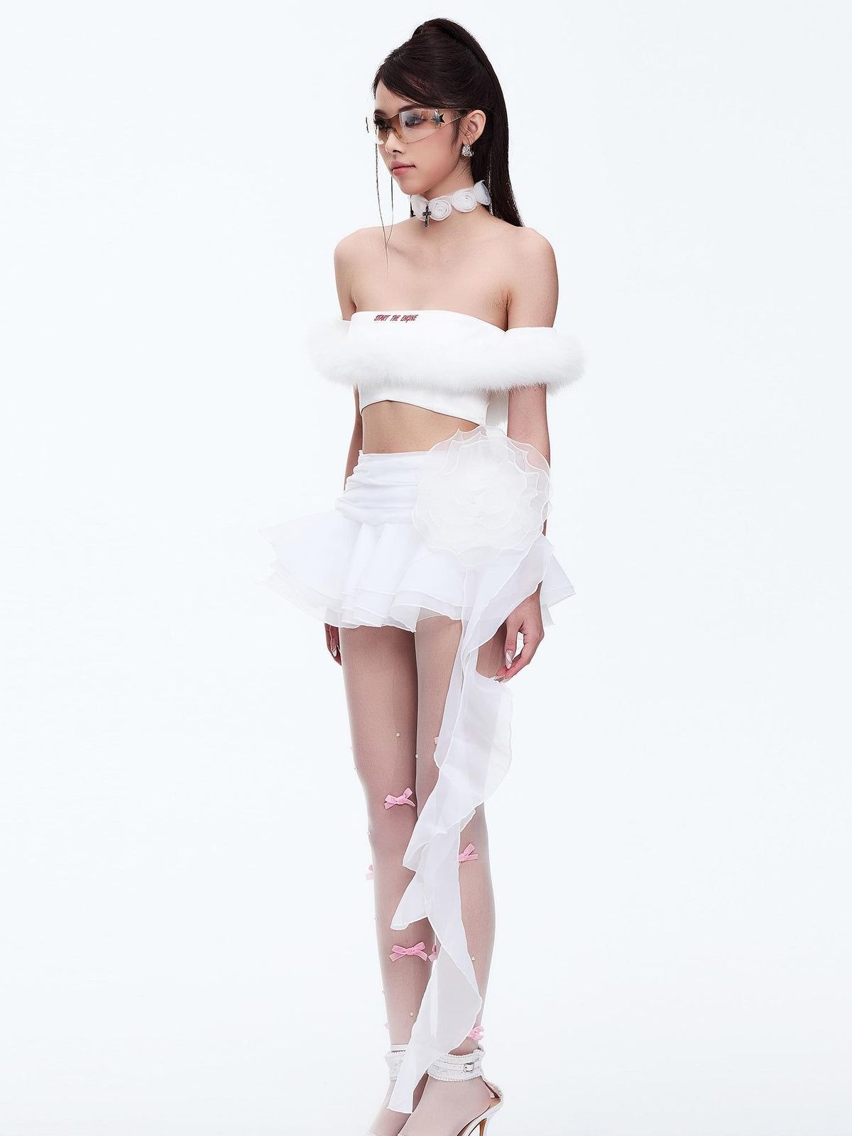 START THE ENGINE Asymmetric Ruffled Mesh Low Waist Women's Polyester Mini Skirts