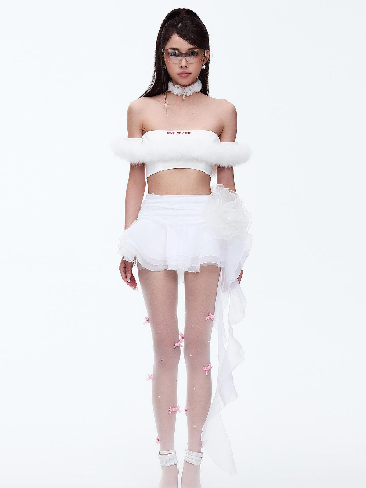 START THE ENGINE Asymmetric Ruffled Mesh Low Waist Women's Polyester Mini Skirts