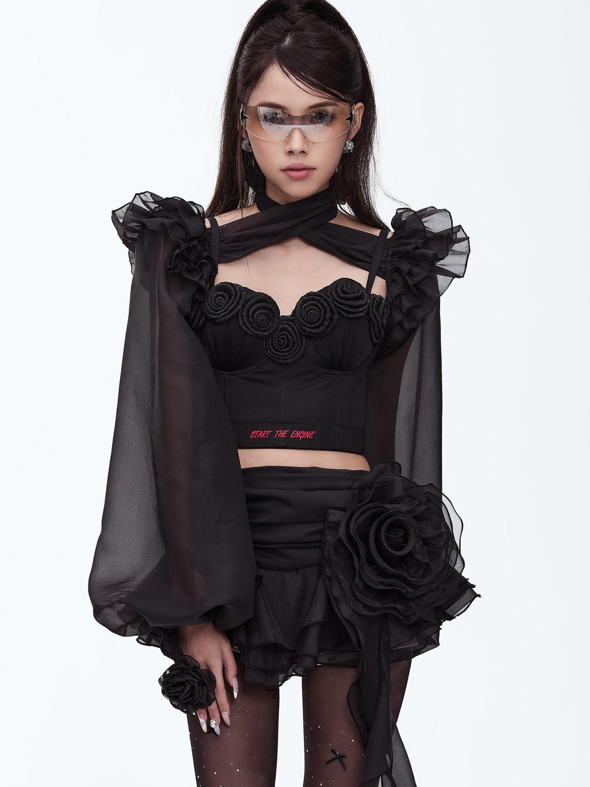 START THE ENGINE Asymmetric Ruffled Mesh Low Waist Women's Polyester Mini Skirts