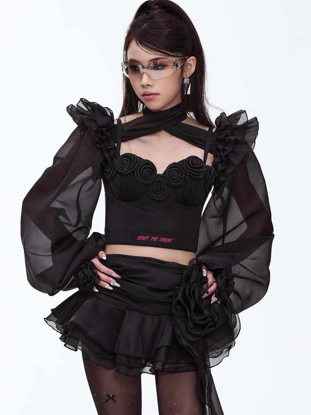 START THE ENGINE Asymmetric Ruffled Mesh Low Waist Women's Polyester Mini Skirts