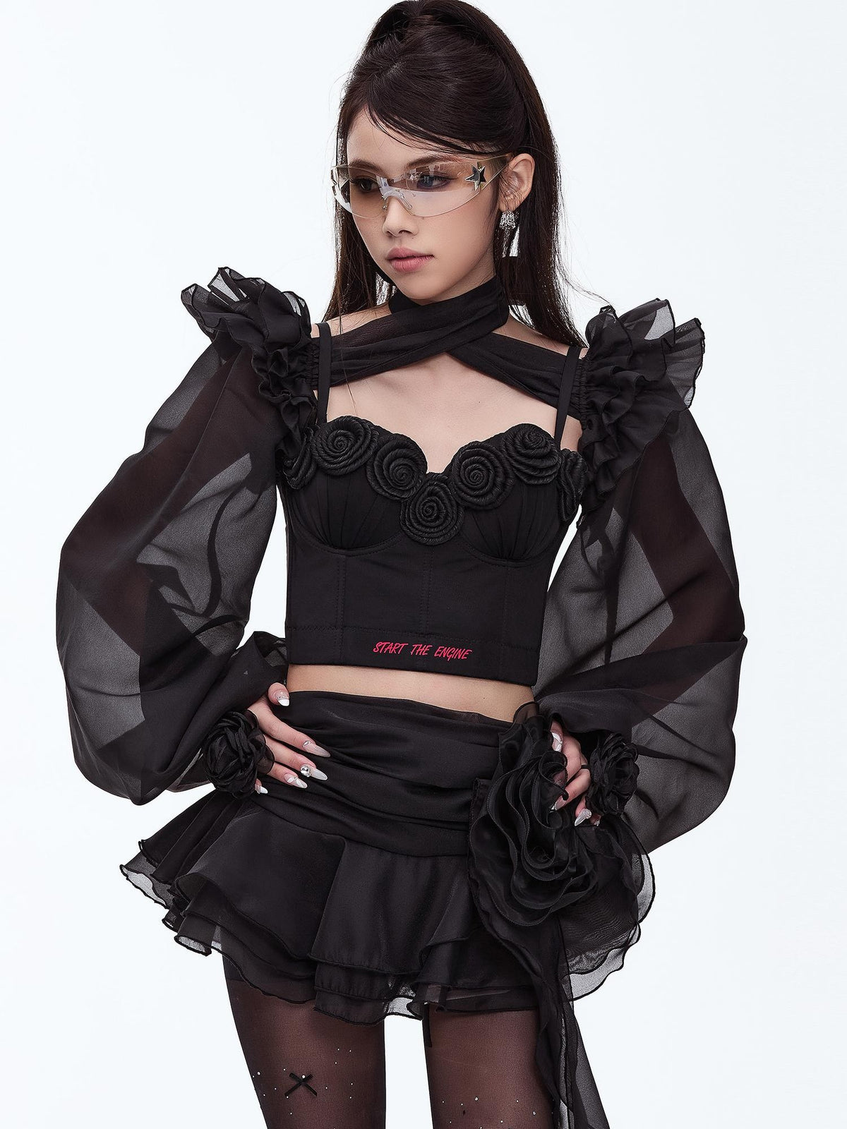 START THE ENGINE Asymmetric Ruffled Mesh Low Waist Women's Polyester Mini Skirts