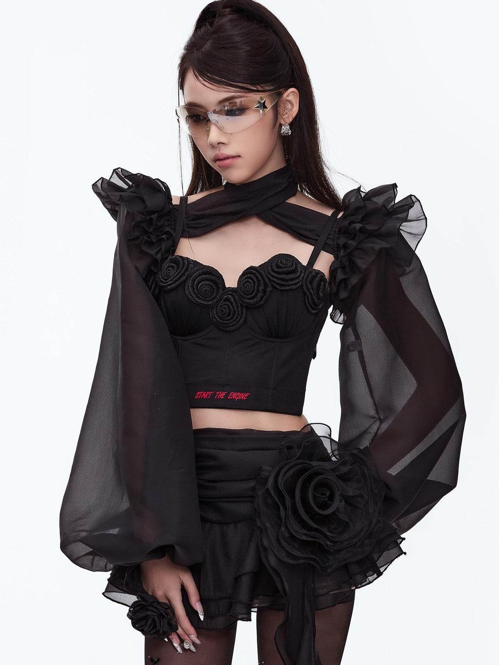 START THE ENGINE Asymmetric Ruffled Mesh Low Waist Women's Polyester Mini Skirts