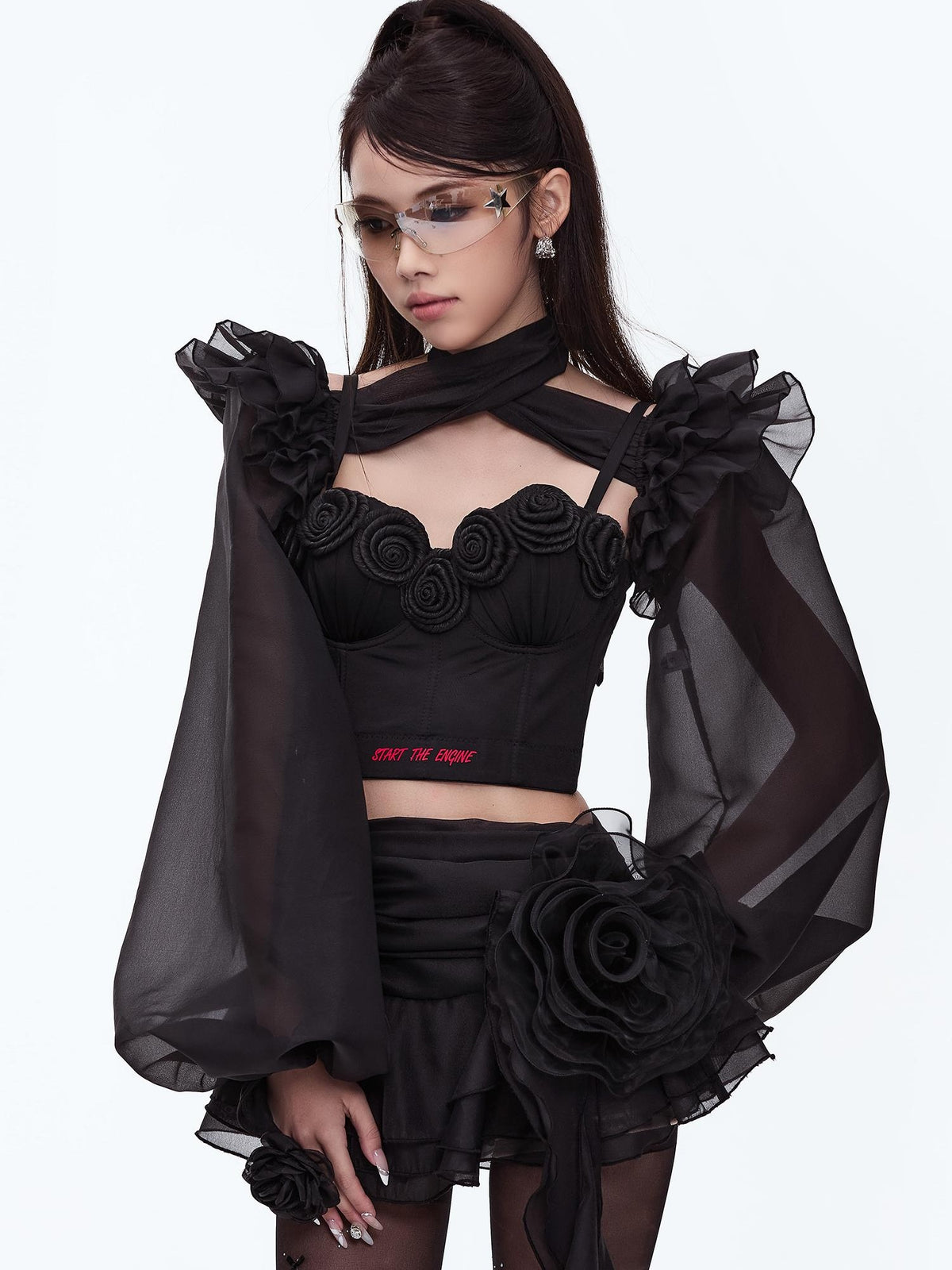 START THE ENGINE Asymmetric Ruffled Mesh Low Waist Women's Polyester Mini Skirts
