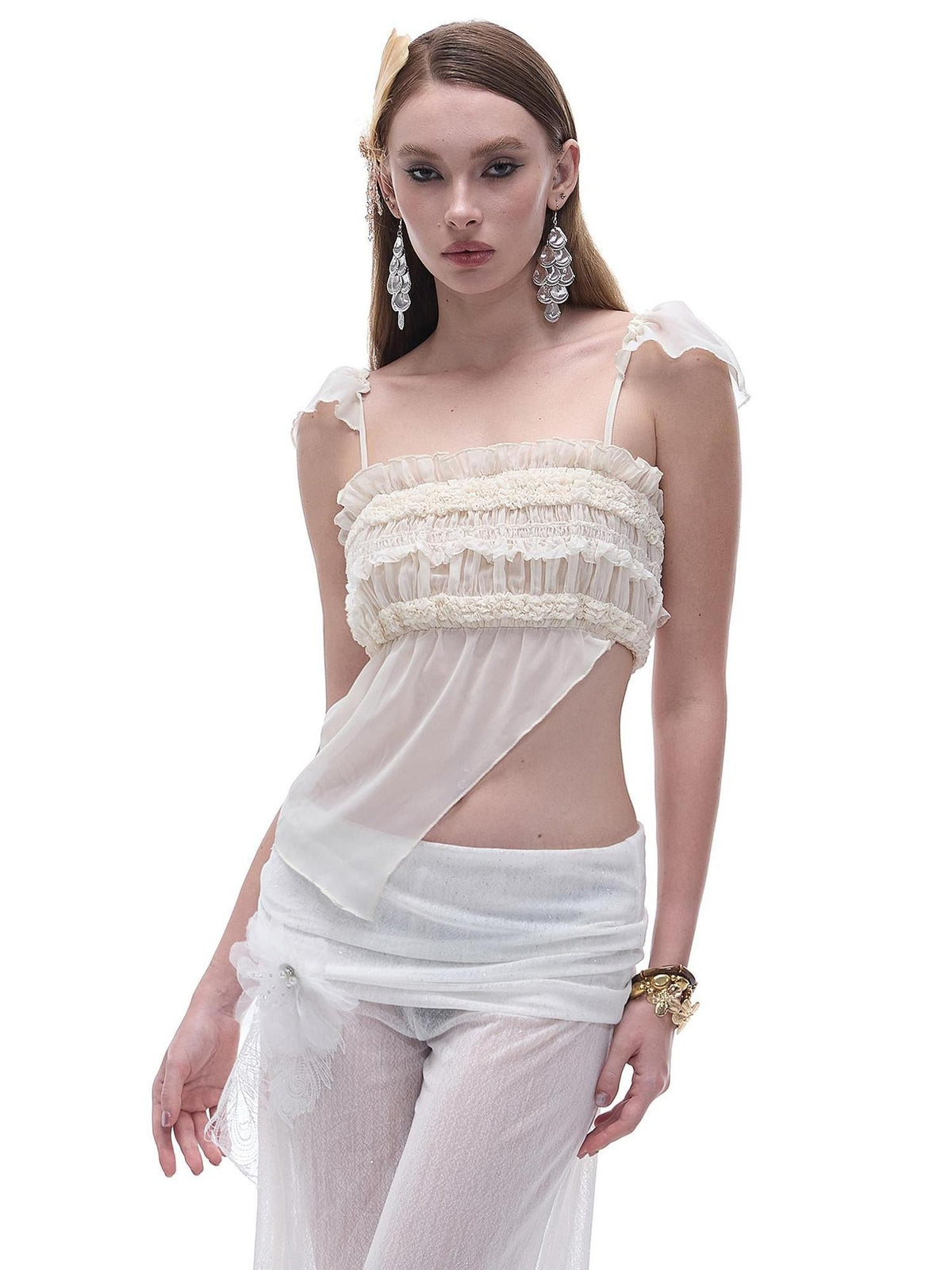 START THE ENGINE Asymmetric Ruffled Pleated Chiffon Women's Camisoles