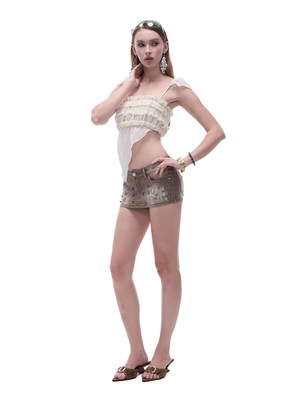 START THE ENGINE Asymmetric Ruffled Pleated Chiffon Women's Camisoles