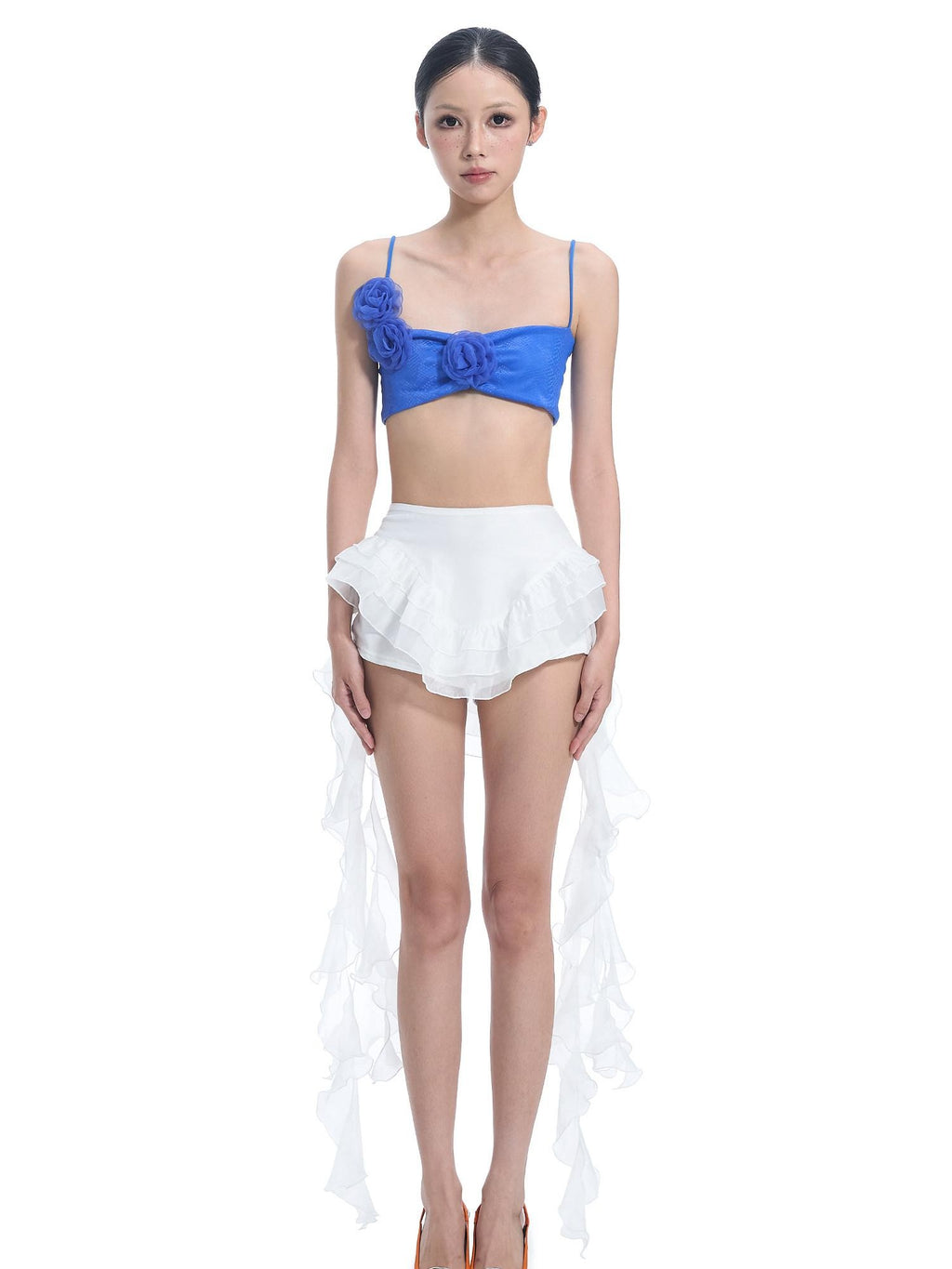 START THE ENGINE Asymmetrical Ruffle Mesh Ribbon Lace Women's Polyester Spandex Skorts