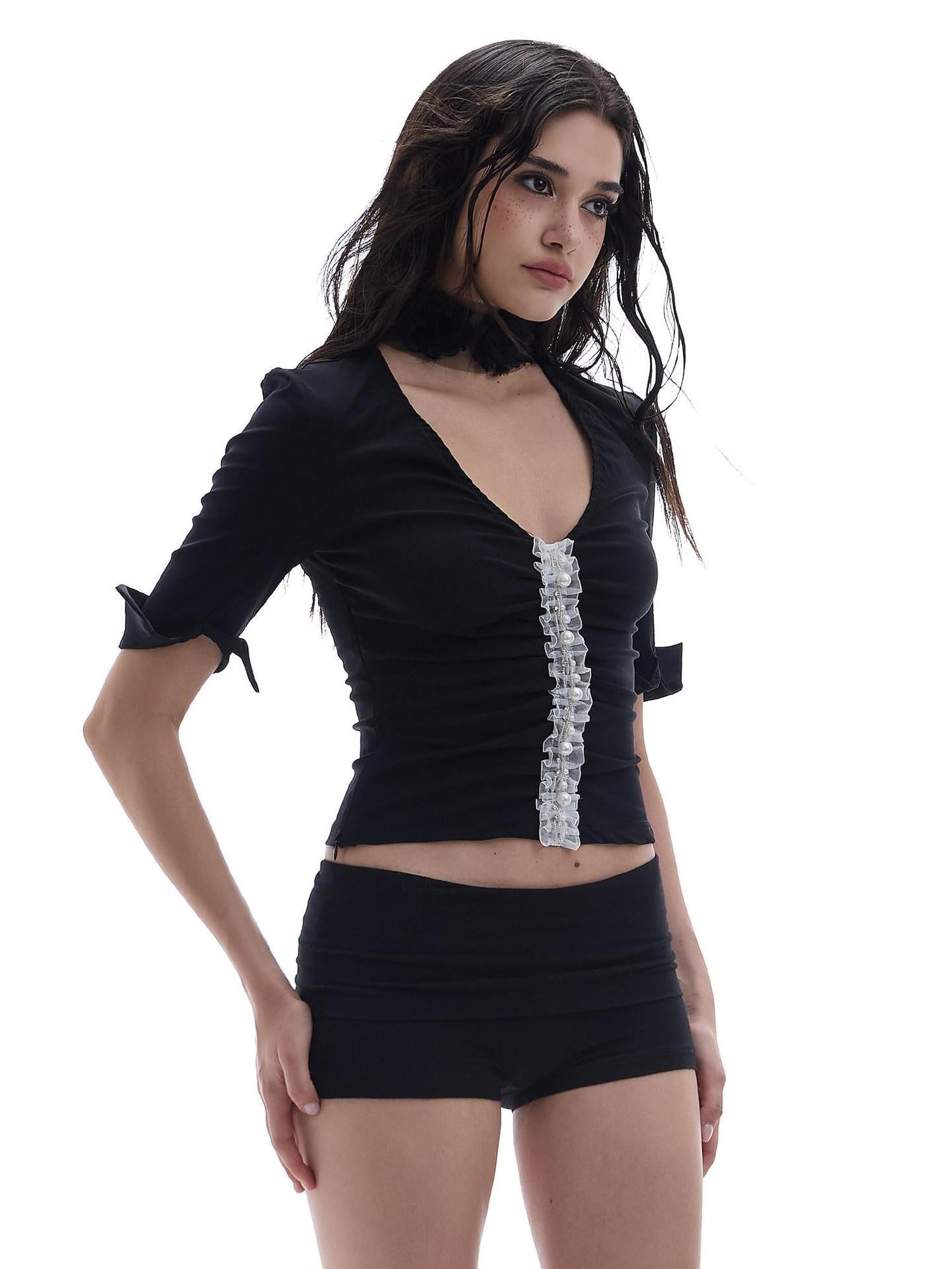 START THE ENGINE Beaded Colorblock V-neck Slim Women's Viscose Blend Short Sleeve T-shirts