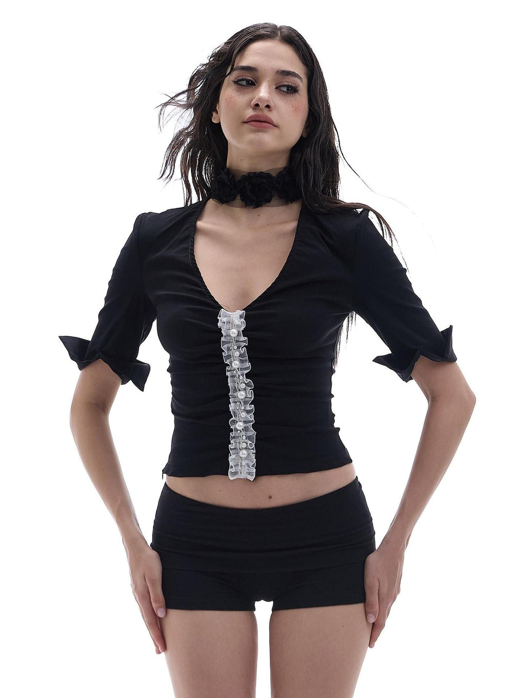 START THE ENGINE Beaded Colorblock V-neck Slim Women's Viscose Blend Short Sleeve T-shirts