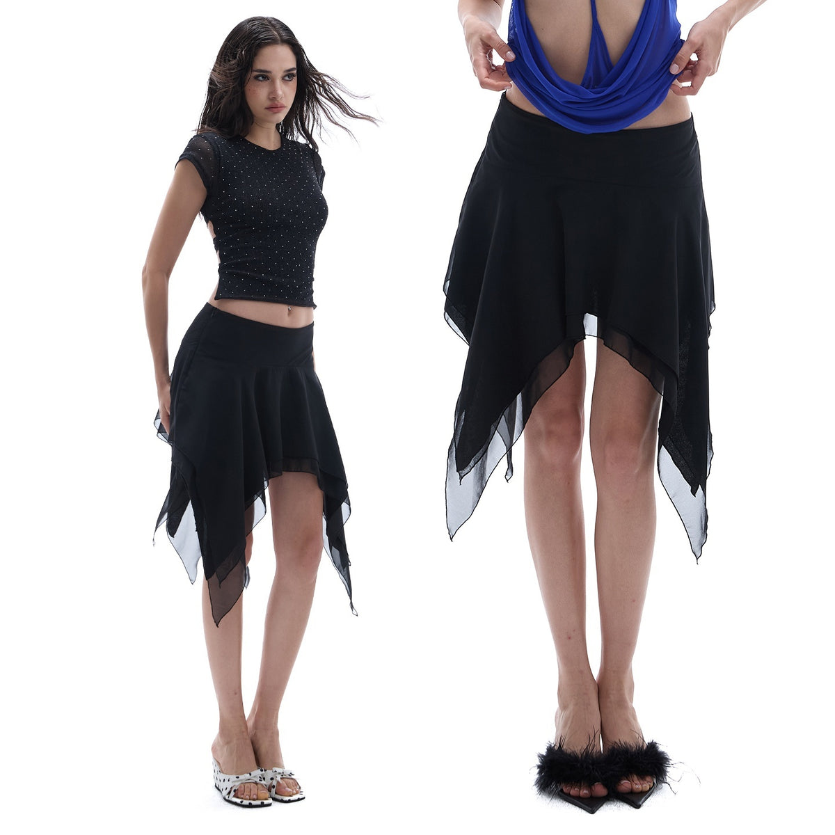 START_THE_ENGINE_Black_Chiffon_Ruched_Asymmetric_Hem_Low_Rise_A_Line_Women's_Mini_Skirts_1054125005342_MISSTT