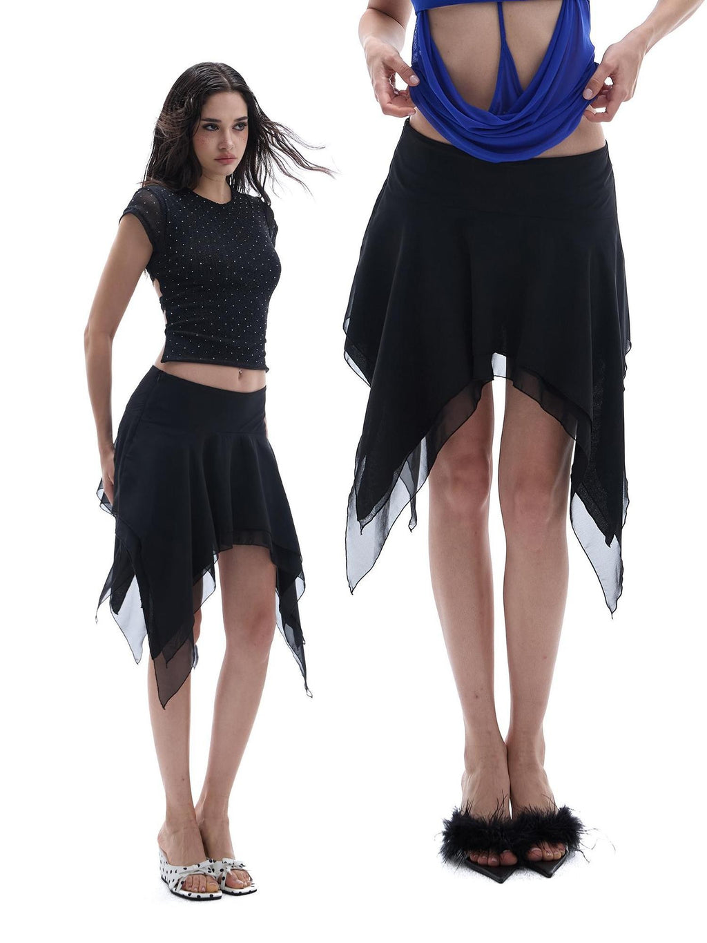 START THE ENGINE Black Chiffon Ruched Asymmetric Hem Low Rise A Line Women's Mini Skirts