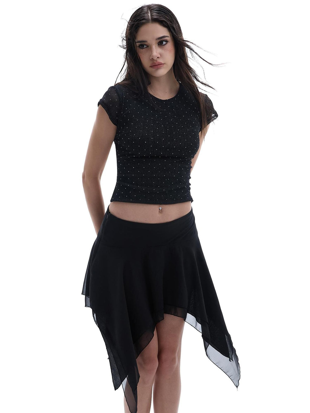 START THE ENGINE Black Chiffon Ruched Asymmetric Hem Low Rise A Line Women's Mini Skirts