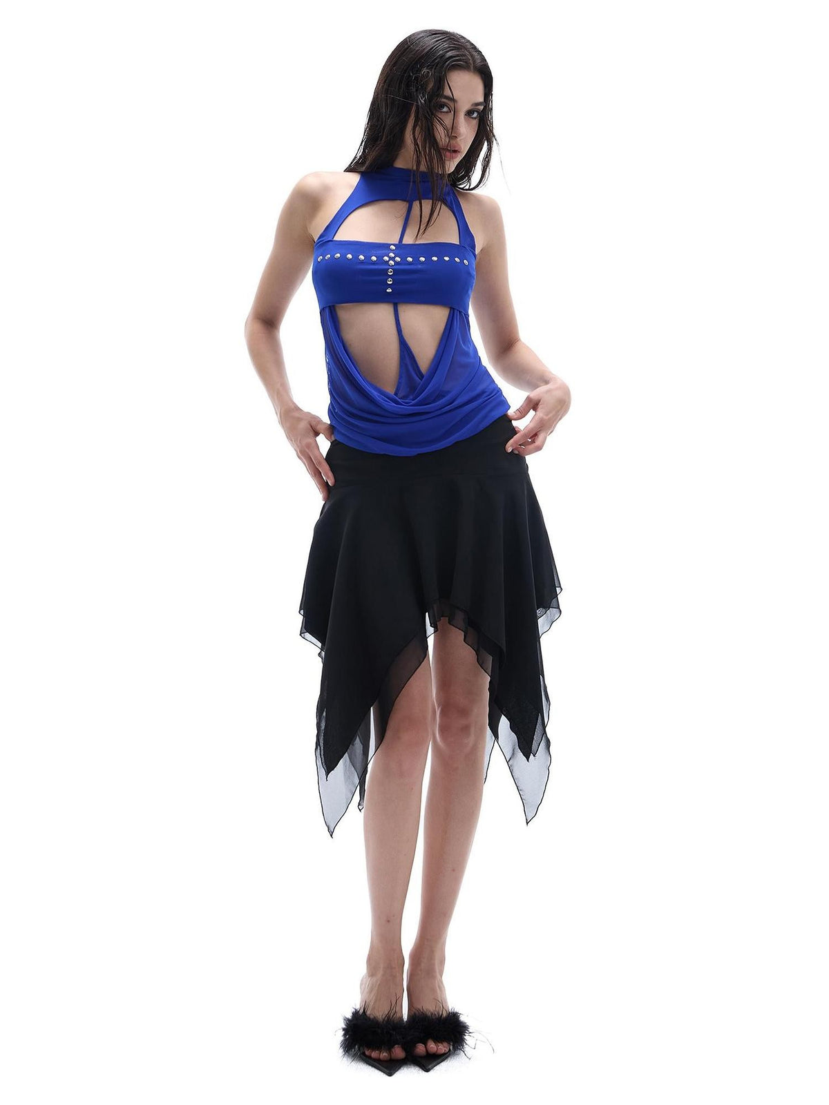 START THE ENGINE Black Chiffon Ruched Asymmetric Hem Low Rise A Line Women's Mini Skirts