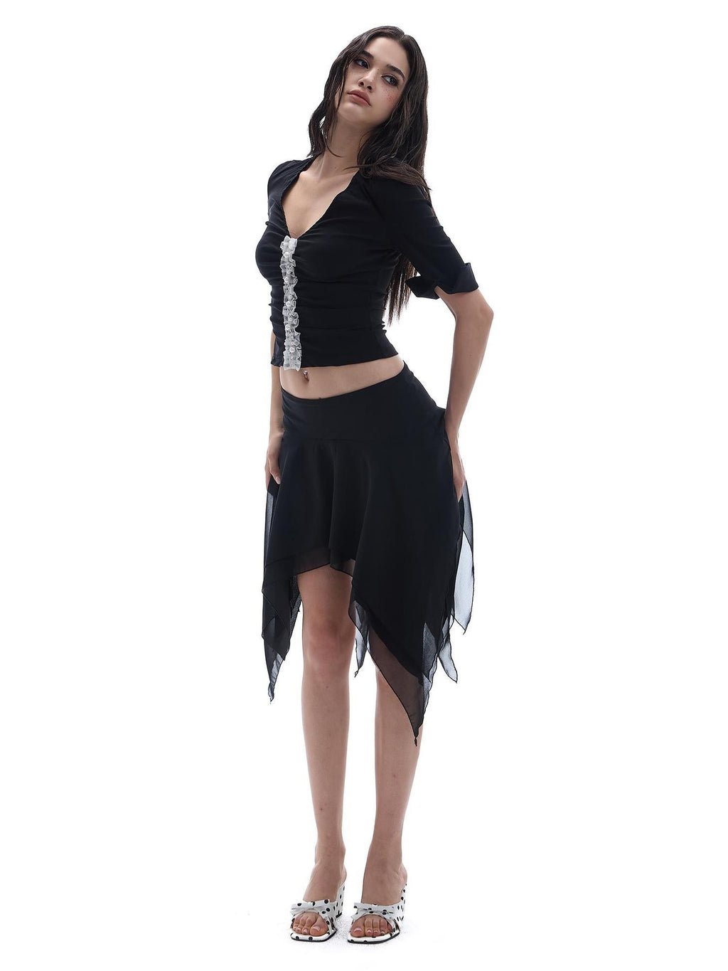 START THE ENGINE Black Chiffon Ruched Asymmetric Hem Low Rise A Line Women's Mini Skirts
