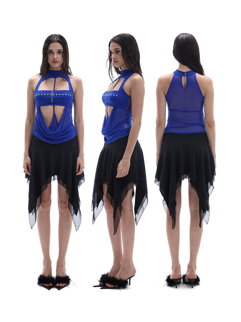 START THE ENGINE Black Chiffon Ruched Asymmetric Hem Low Rise A Line Women's Mini Skirts
