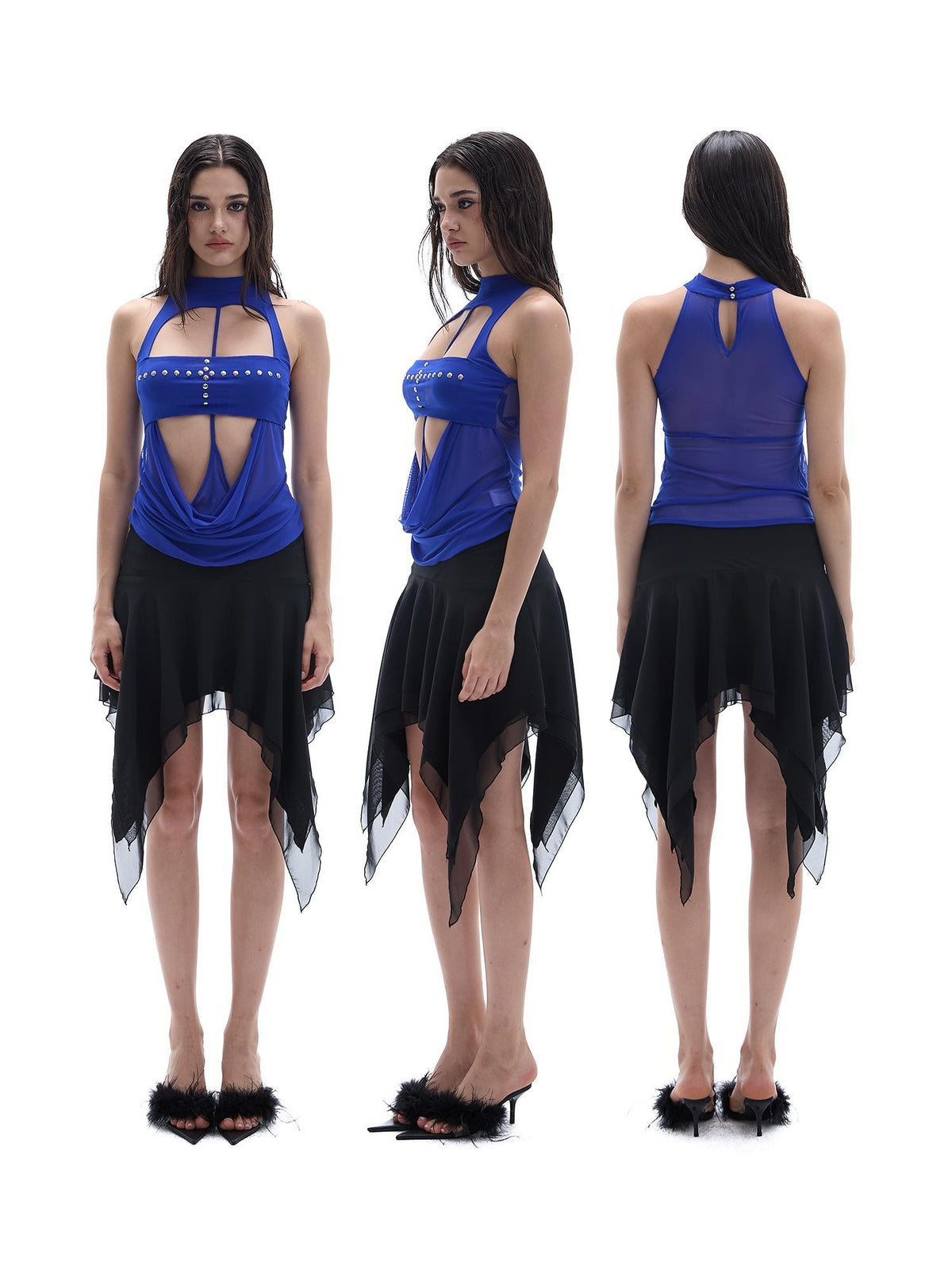 START THE ENGINE Black Chiffon Ruched Asymmetric Hem Low Rise A Line Women's Mini Skirts