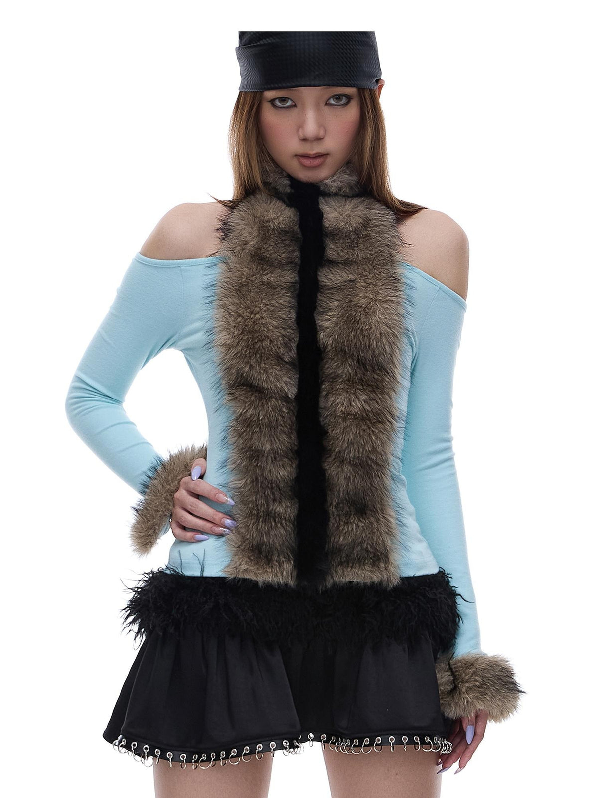 START THE ENGINE Black Faux Fur Spliced Low Waist Slim Women's Polyester Mini Skirts