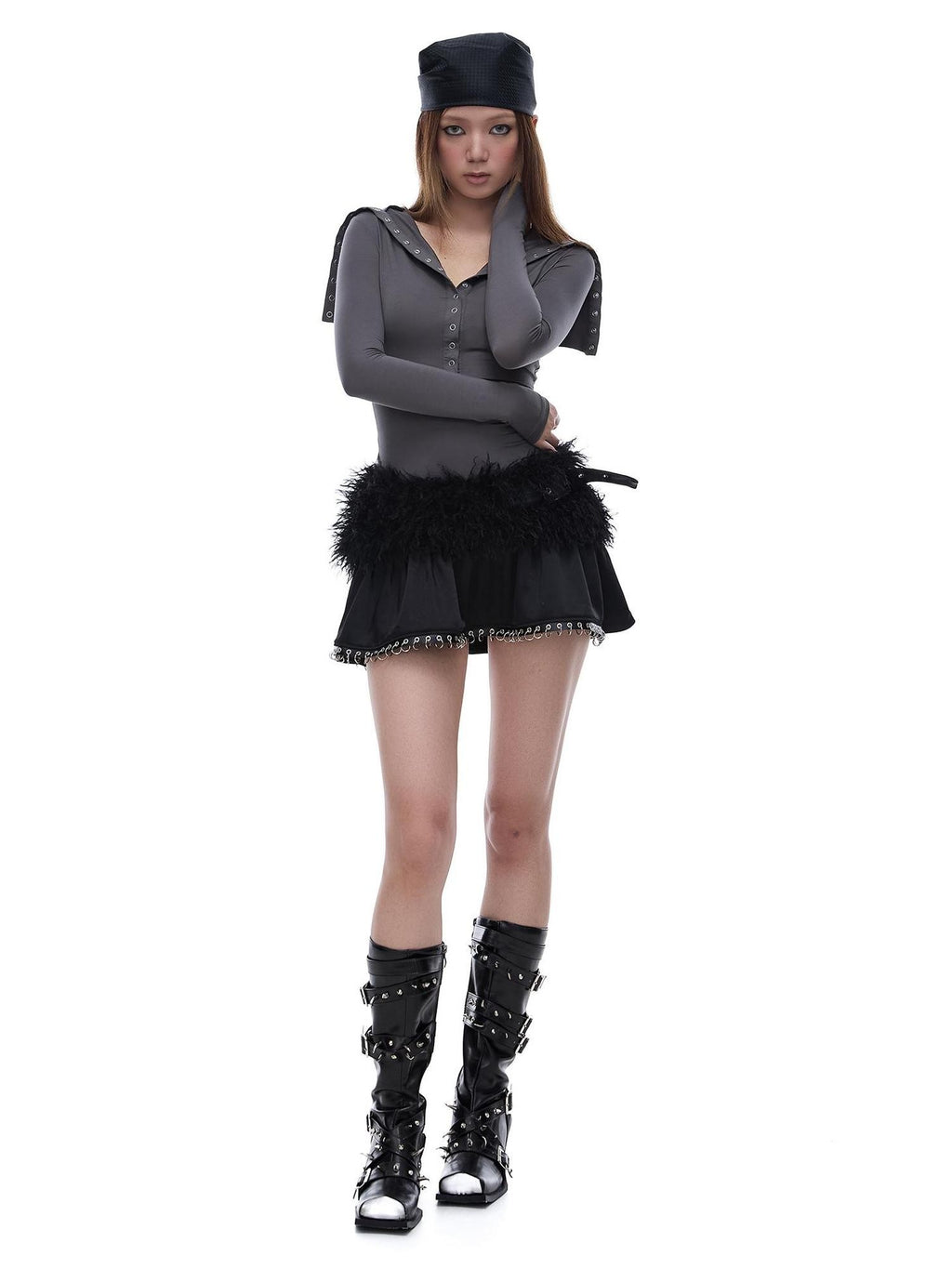 START THE ENGINE Black Faux Fur Spliced Low Waist Slim Women's Polyester Mini Skirts