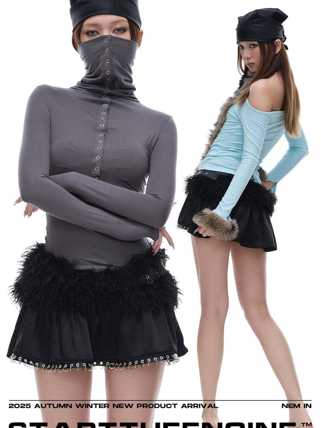 START THE ENGINE Black Faux Fur Spliced Low Waist Slim Women's Polyester Mini Skirts