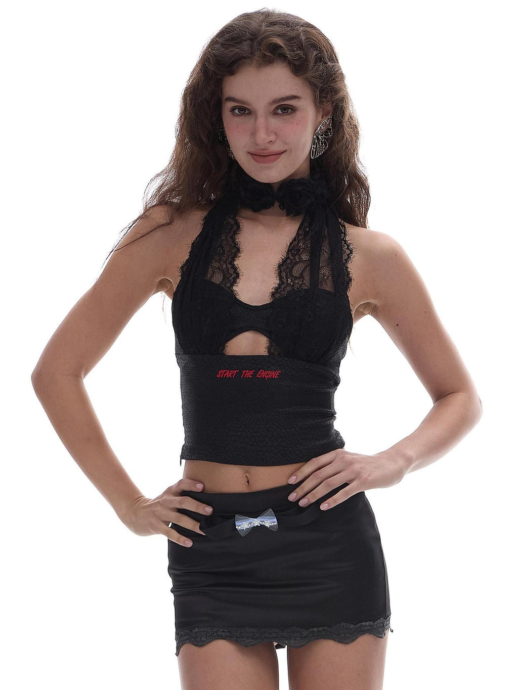 START THE ENGINE Black Lace Low Waist Bodycon Women's Polyester Satin Mini Skirts