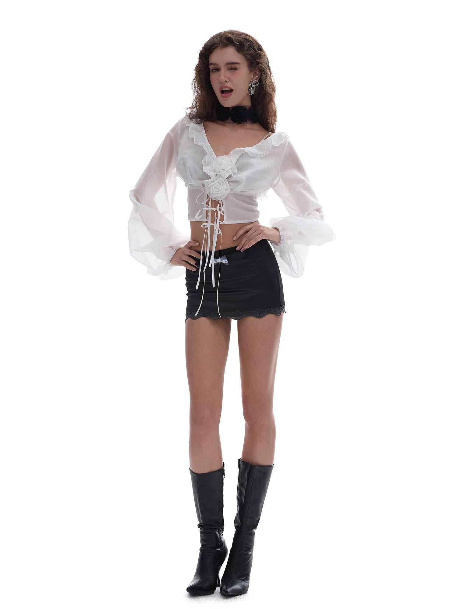 START THE ENGINE Black Lace Low Waist Bodycon Women's Polyester Satin Mini Skirts